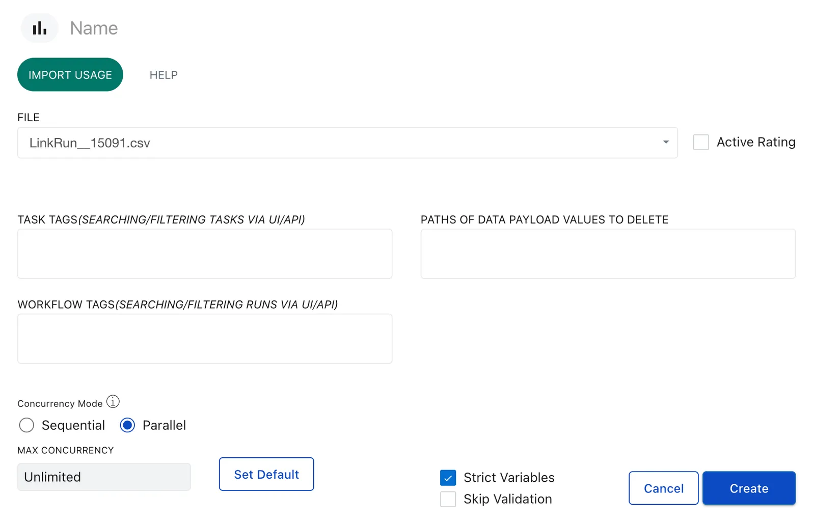 Import Usage task configuration