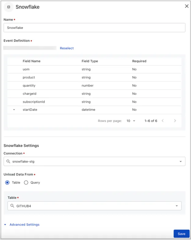 Snowflake source settings