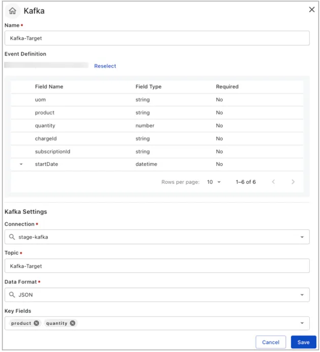 Kafka target settings