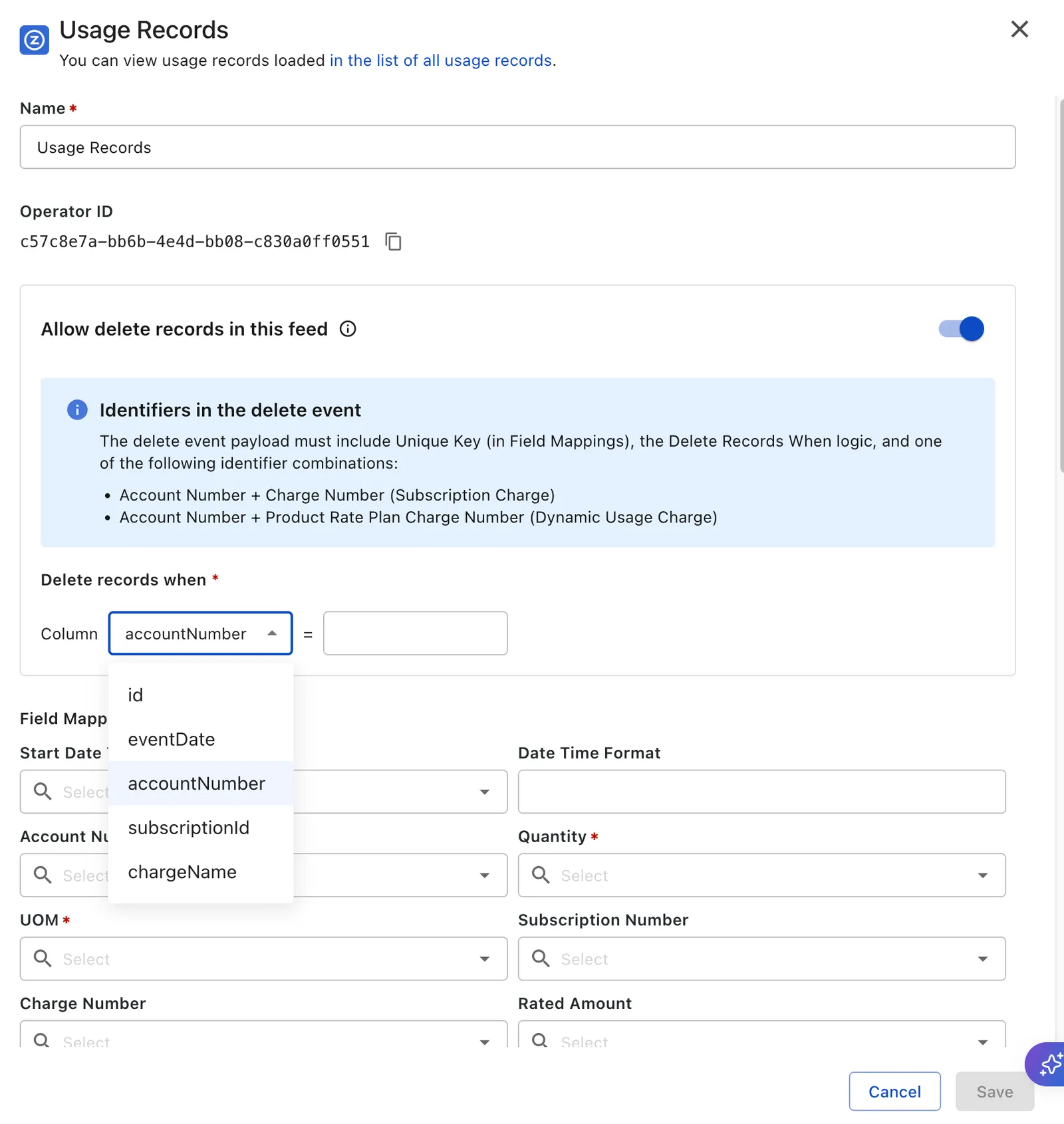 Usage Record target settings