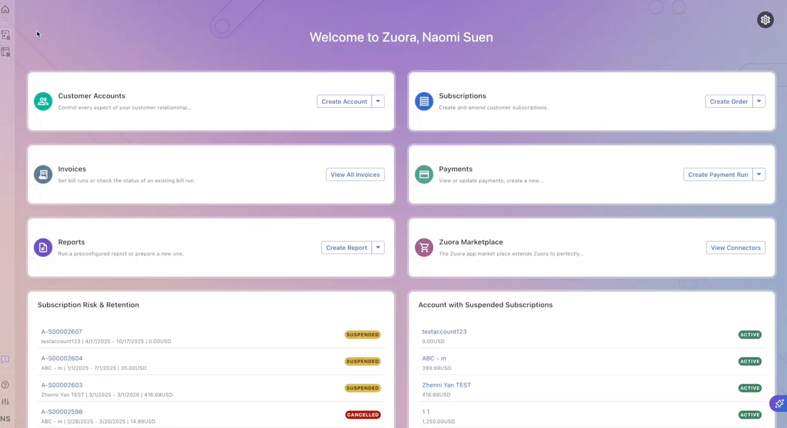 Zuora unified experience homepage