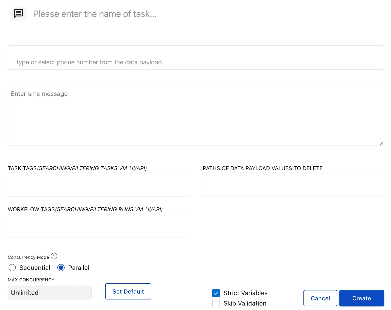 SMS task configuration