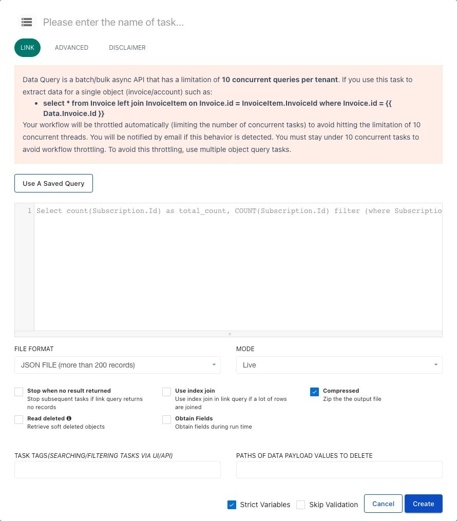 Retrieve: Data Query task setting