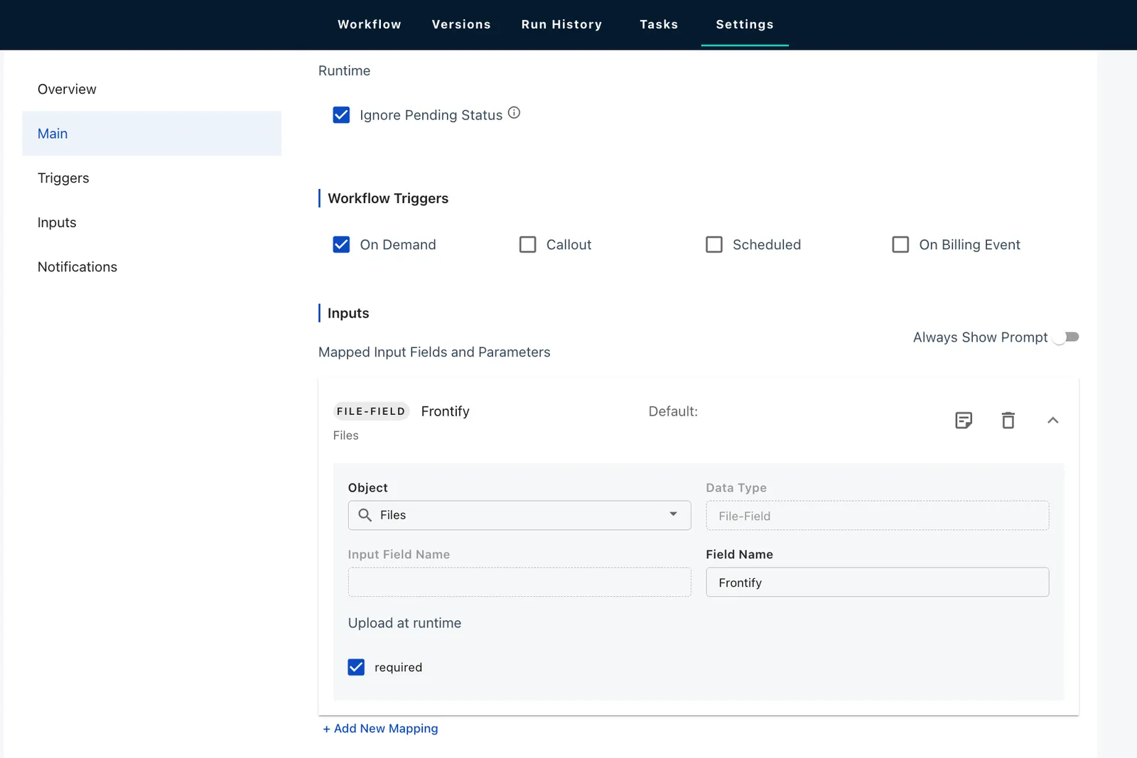 Workflow file input setting
