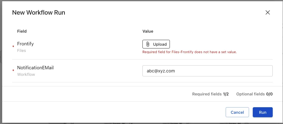 Workflow file upload dialog