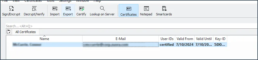 Export key certificate