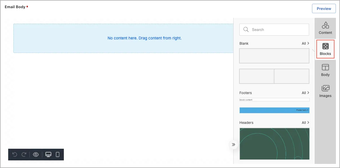 List of reusable blocks in the email template editor