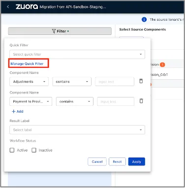 Manage quick filter