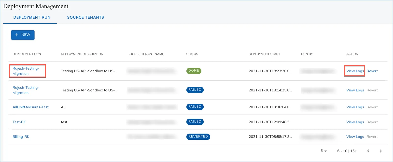 View deployment run page