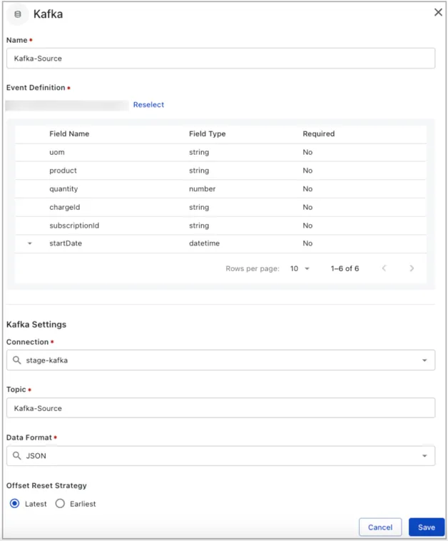 Kafka source settings