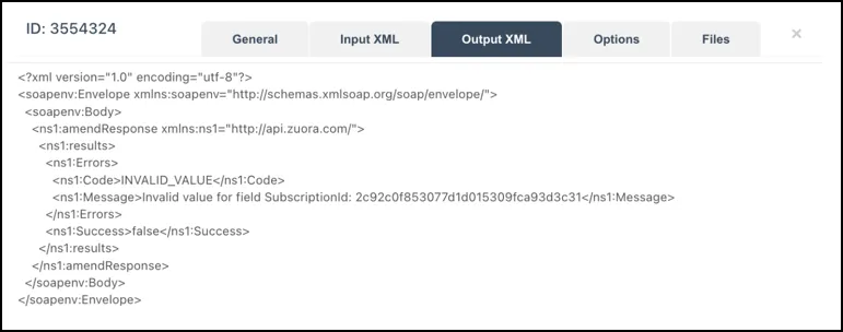 Screenshot of the Output XML tab displaying a SOAP response with an INVALID_VALUE error message.