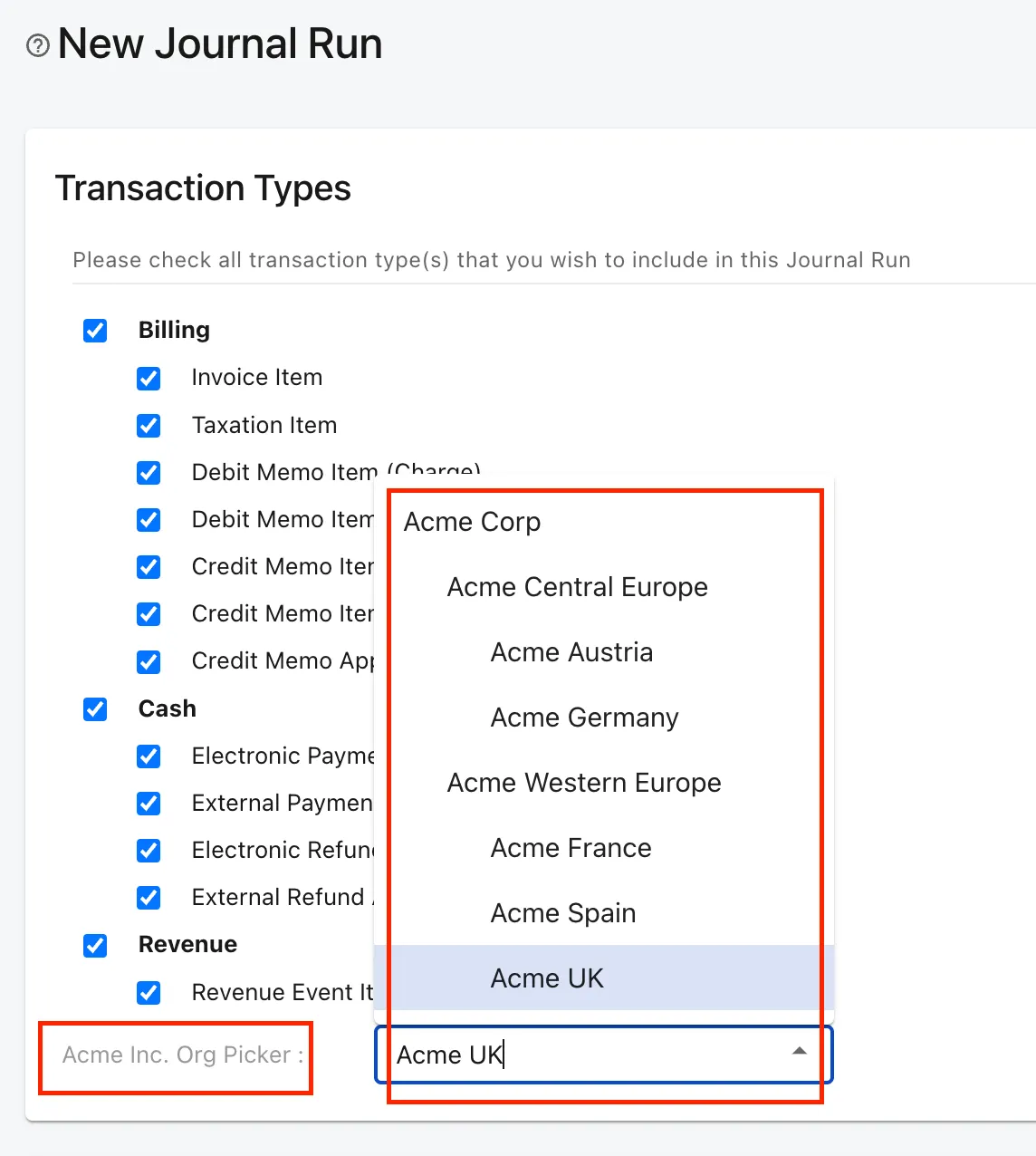 Org Picker for journal run
